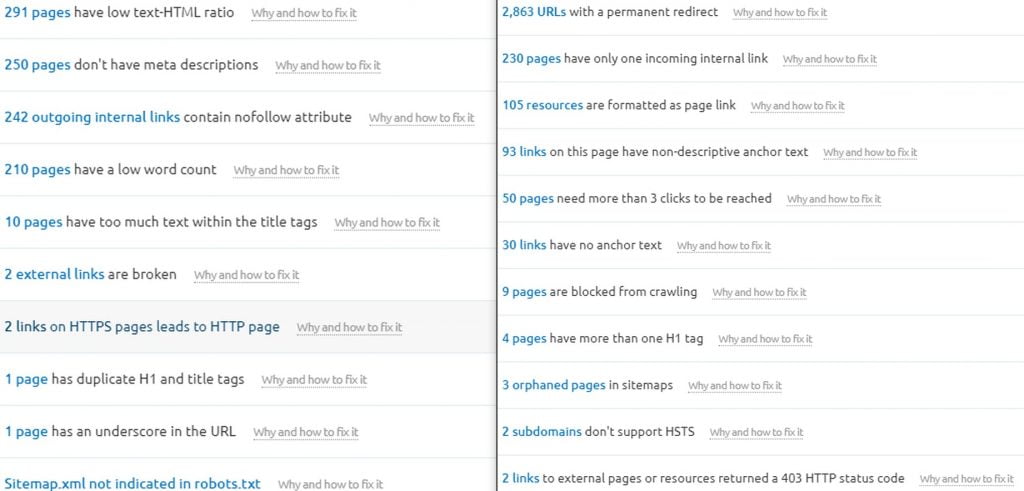 seo site audit warnings notices